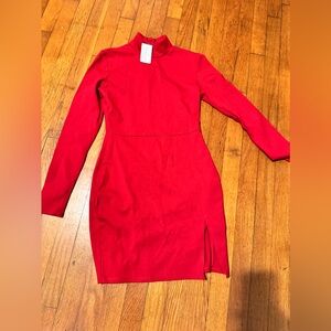 Mock turtle neck long sleeve red mini dress with side slit